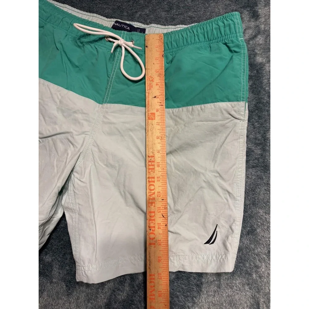 Nautica Mens Swim Trunks Green Grey Colorblock Board Shorts L T18020